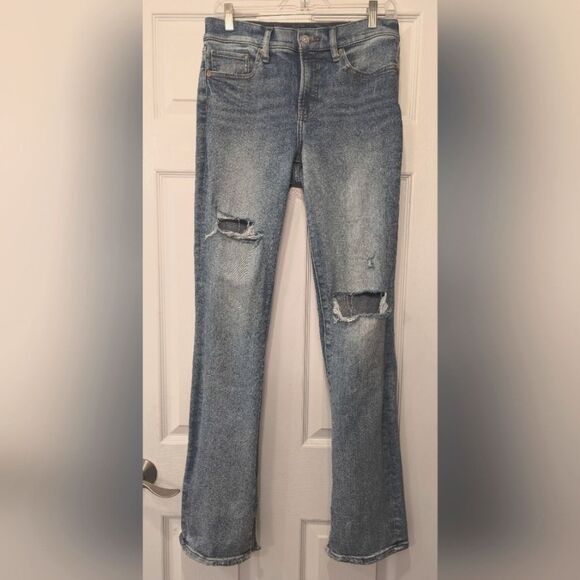 Express Mid Rise Medium Wash Skyscraper Stretch Jeans sz 8 long Slight Kick Hem - Picture 4 of 15